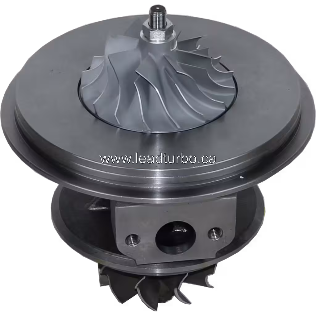 Angled view of Core 1W1053 4LF555 turbocharger assembly for CAT 3412 showing shaft nut and housing