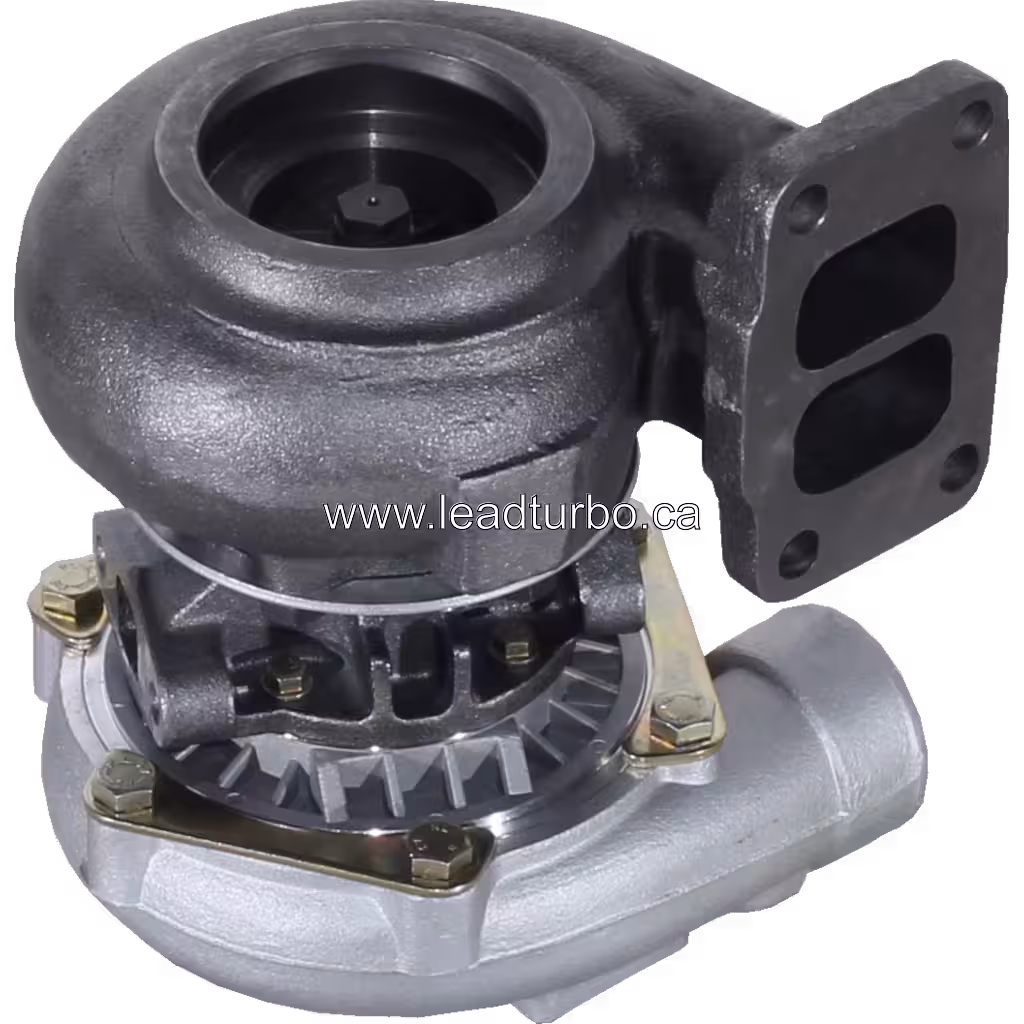 Vista inferior do turbo 2674A396 com flange de escape e parafusos de montagem