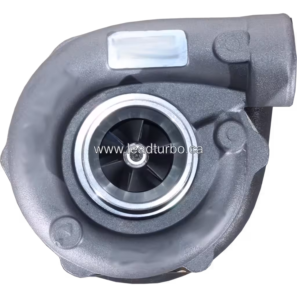 Vista frontal do turbo 2674A396 TA3107 com carcaça do compressor prateada e roda visível