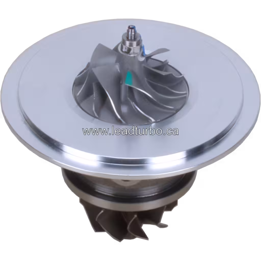 Вигляд зверху під кутом 45 градусів Core турбокомпресора J96 FOR 736210-0009-R, срібне компресорне корпус та темне турбінне корпус