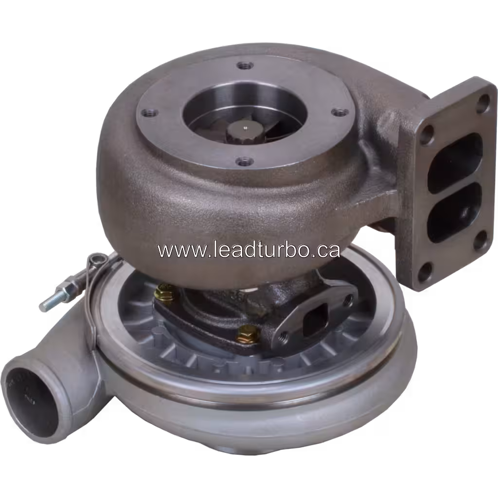 Vista inferior do turbocharger 3525447 com entrada de escape flangeada e roda da turbina visível