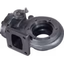 Bottom 45-degree view of turbine housing displaying actuator arm and mounting flange