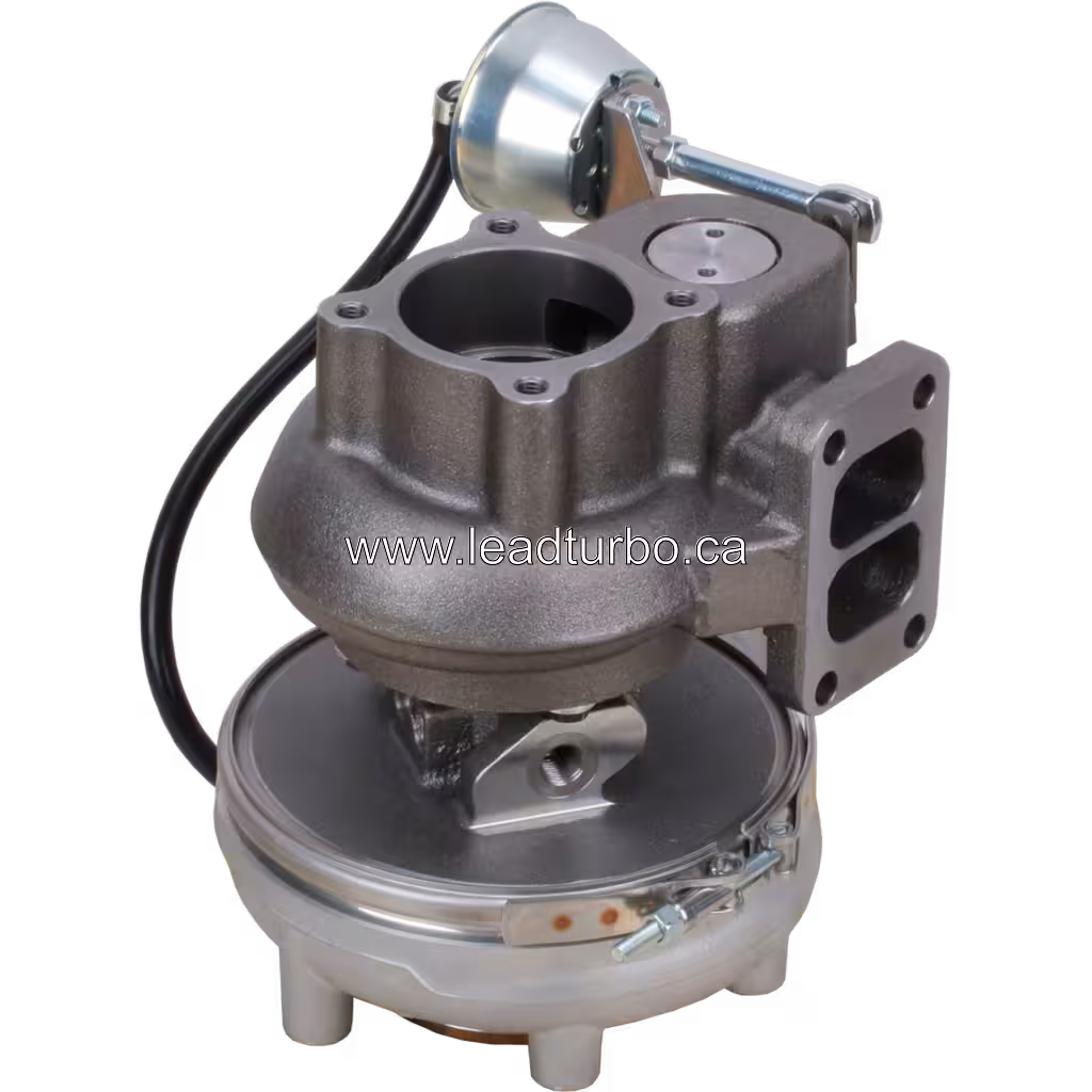 D6E turbocharger bottom view showing turbine housing and mounting flange for Volvo L120E