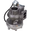 D6E turbocharger bottom view showing turbine housing and mounting flange for Volvo L120E