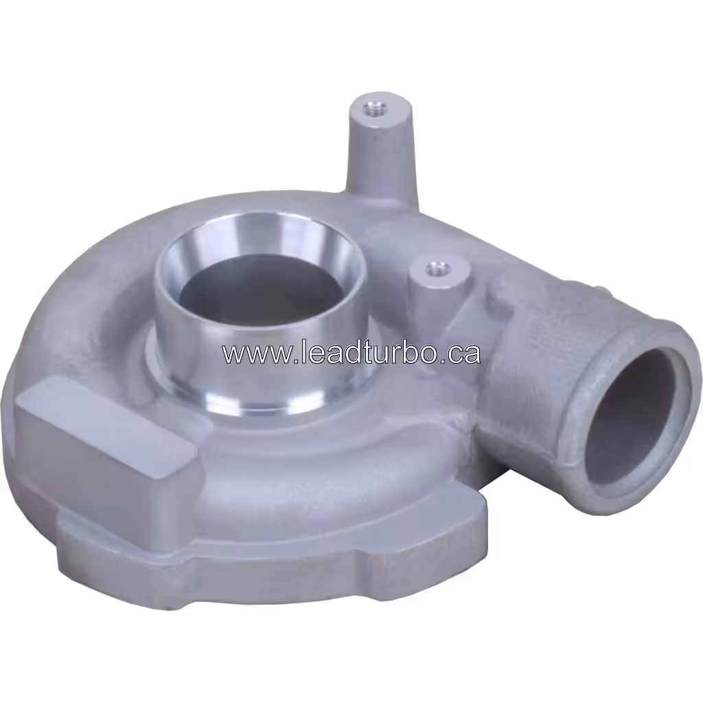 Top 45-degree view of GT2556V compressor housing with mounting studs and outlet pipe