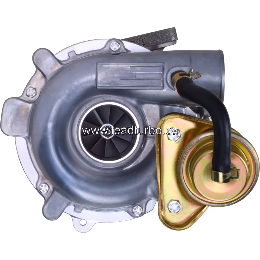 Vista frontal del turbocompresor 8973311850 RHF4 con actuador dorado y manguera azul