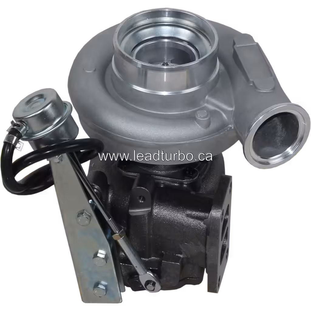 Turbolader 3800463 für Cummins 6BT, Ansicht von oben mit Auspuffflansch und Steller