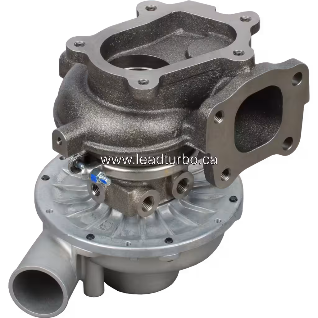 Isuzu 4HE1 turbocharger bottom view with radial cooling fins on compressor housing
