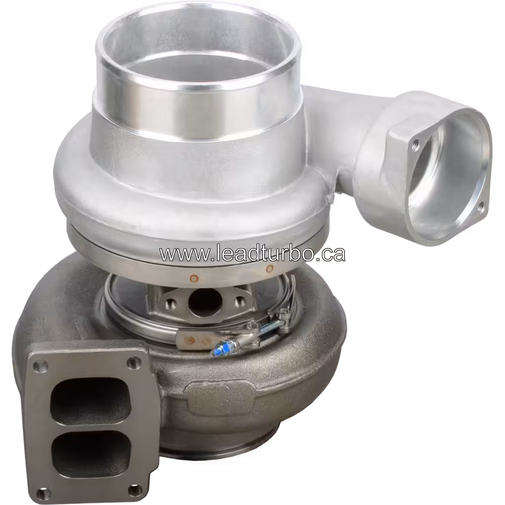 0R5754 turbocharger top view showing rectangular exhaust flange and central bearing housing