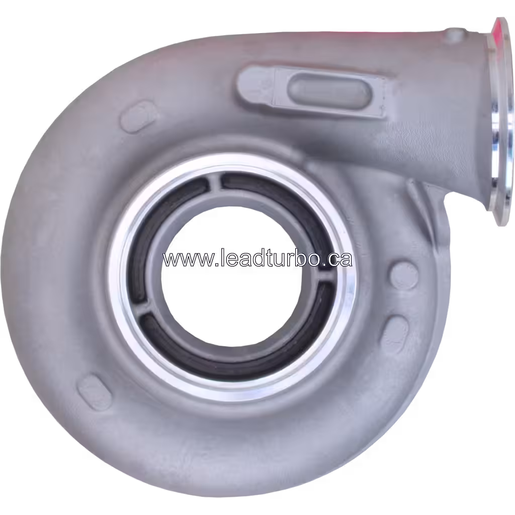 Корпус компресора турбокомпресора HX55W FOR 4046127 CH, вид спереду, сірий литий метал, оброблені впускні та випускні отвори