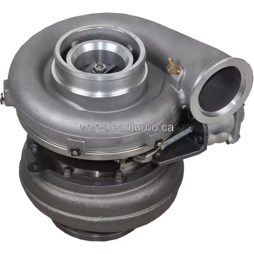 GTA4502V turbocharger top view with turbine housing and brass fittings