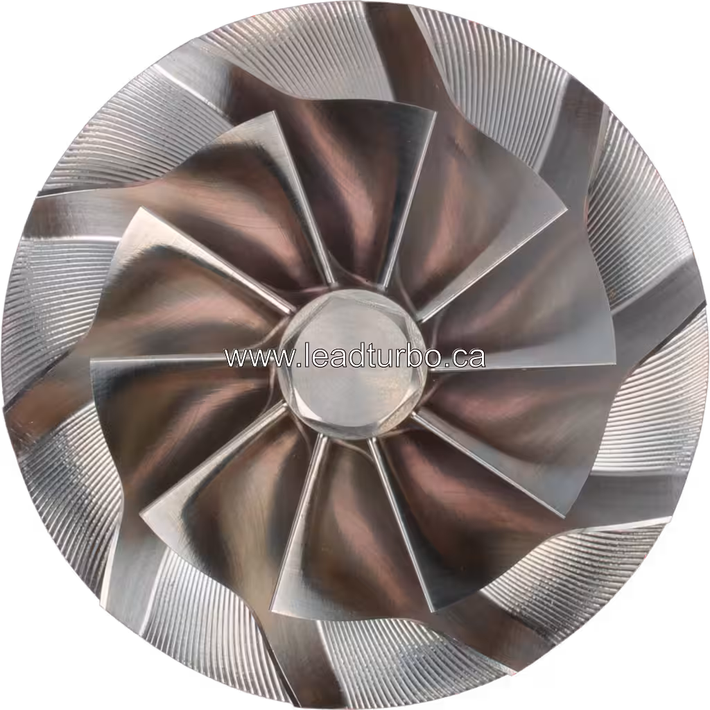 Superfície metálica usinada do compressor wheel com marcas de ferramentas visíveis nas faces das lâminas