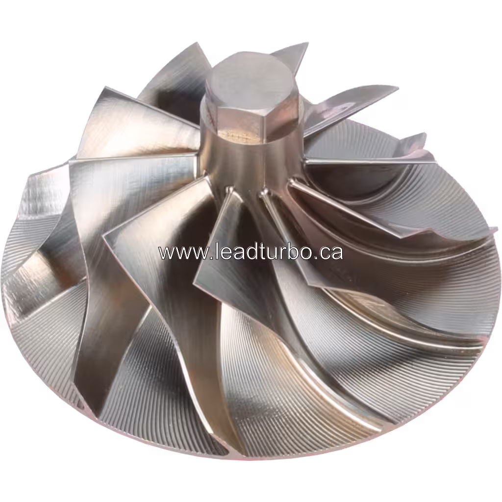 Vista replacement em ângulo do compressor wheel GTB4708BLN mostrando a disposição radial das lâminas