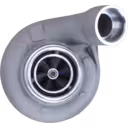 Vista frontal del turbocompresor 5010339463B S2B con carcasa de compresor plateada y carcasa de turbina oscura.