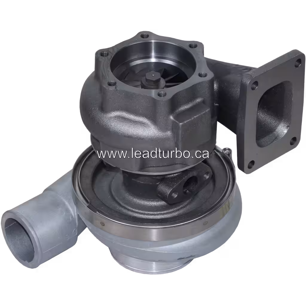 Vista inferior do turbo 6506-21-5020 mostrando flange de escape e suportes
