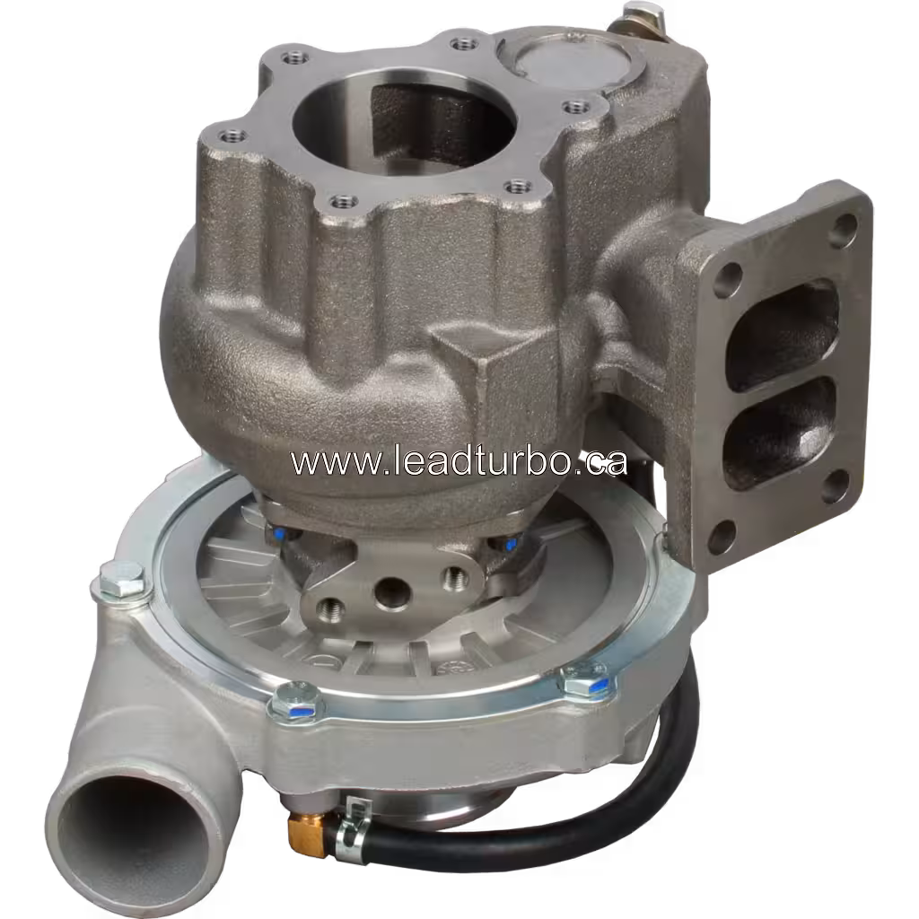 Vista inferior a 45 grados del turbocompresor GT3571S con actuador externo y manguera azul