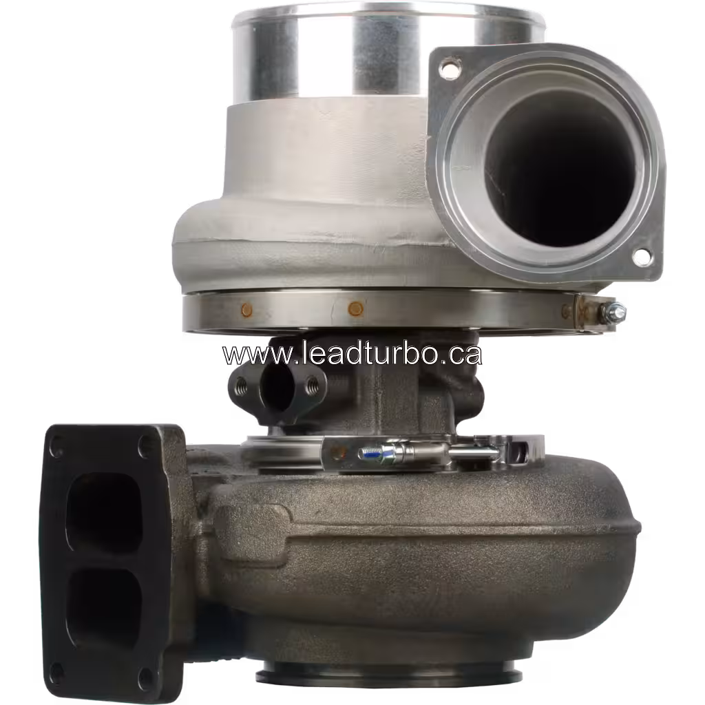 0R5754 TV8106 turbocharger front view showing two-port turbine housing