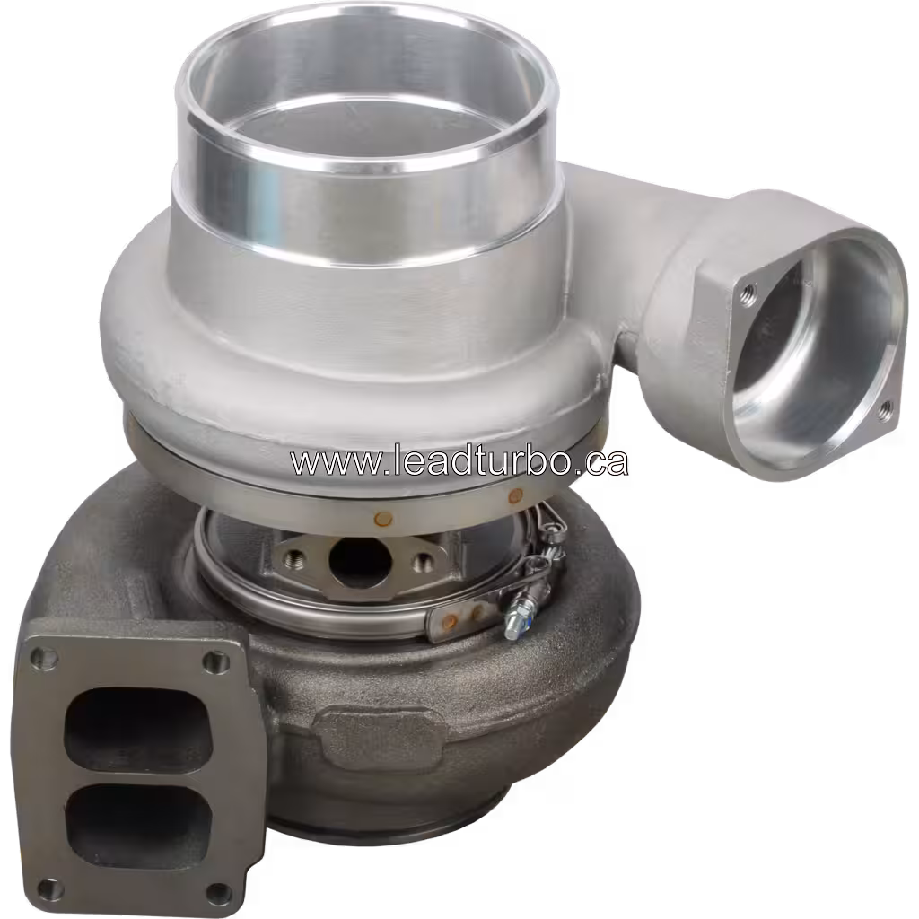 TV8106 turbocharger top view with visible actuator related hardware and compressor wheel
