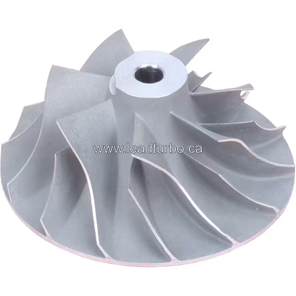 Vista replacement em 45 graus do compressor wheel TE06H-16M-12 mostrando a curvatura das pás