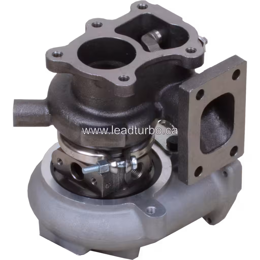 Vista inferior do turbo 14411-7T600 com flanges de entrada e saída de 4 furos