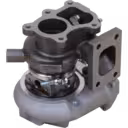 Vista inferior do turbo 14411-7T600 com flanges de entrada e saída de 4 furos