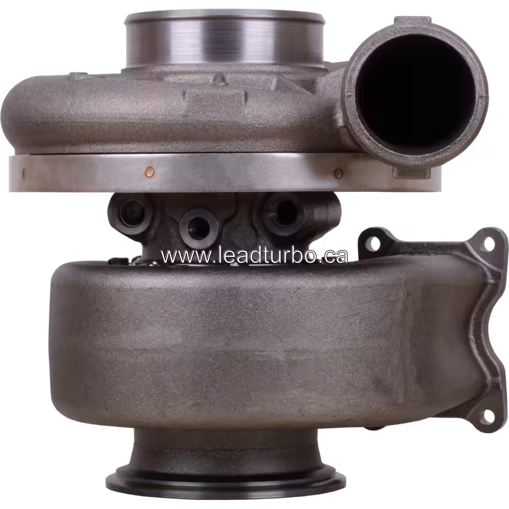 Vista frontal do turbocharger 4956104 HX83 em metal cinza com flange de escape em T
