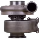 Vista frontal do turbocharger 4956104 HX83 em metal cinza com flange de escape em T